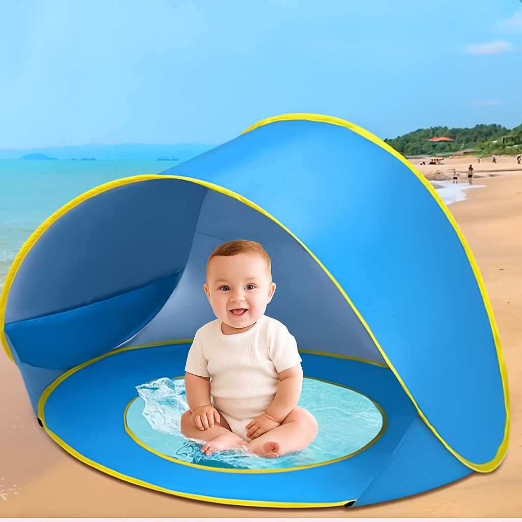 Gran Tienda de Playa Plegable caseta niño y Bañera para Perros con Estanque de Agua - Fácil Montaje, Poliéster Duradero y Portátil para Playa, Parque, Camping - Azul con Ribete Amarillo, Regalo Ideal para Dueños de Perros, Accesorio de Playa para Ma