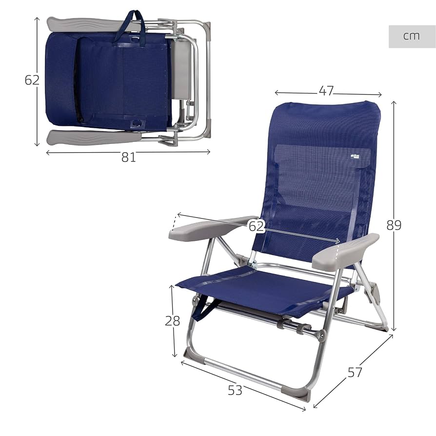 sillas de Playa Plegado Plano, Muy compactas, Multiposición, 6 Posiciones, con cojín y Mesa, Asas para fácil Transporte, Medidas 47x57x89 cm, De Aluminio y textileno, Antivuelco (85476)