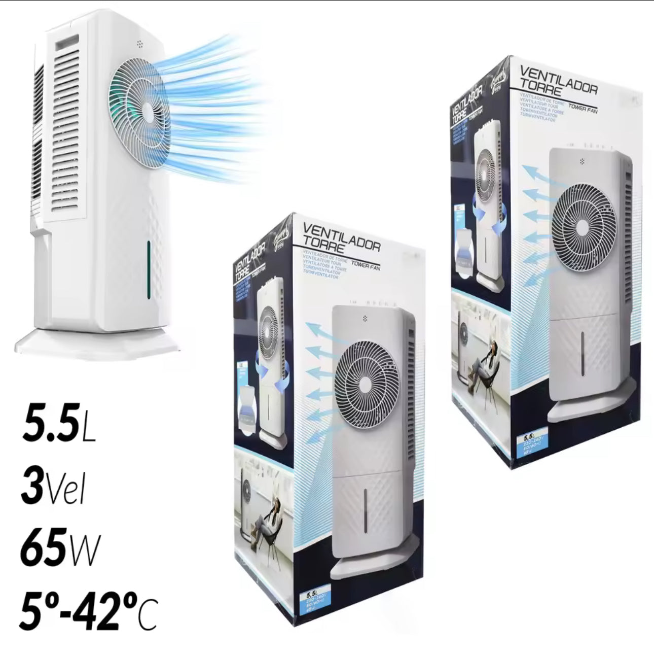 Enfriador de Aire 5.5 Litros 3 en 1 Ventilador Refrigerador y Humidificador 65W con Tanque de Agua Oscilante Aire Acondicionado 60x26x26cm Base Giratoria Desmontable 3 Niveles de Velocidad Oscilación