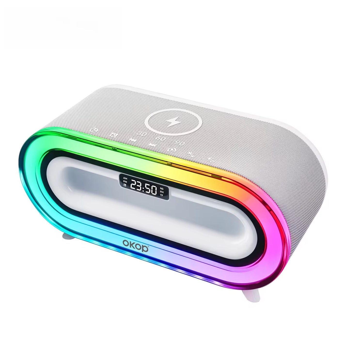 Altavoz de música con carga inalámbrica reloj a lámpara
