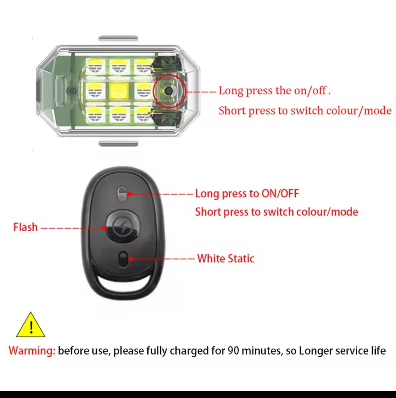 Luz estroboscópica LED inalámbrica para moto patinete Dron, luz de señal de advertencia anticolisión con Control remoto para motocicleta, coche y bicicleta, 4 Uds.