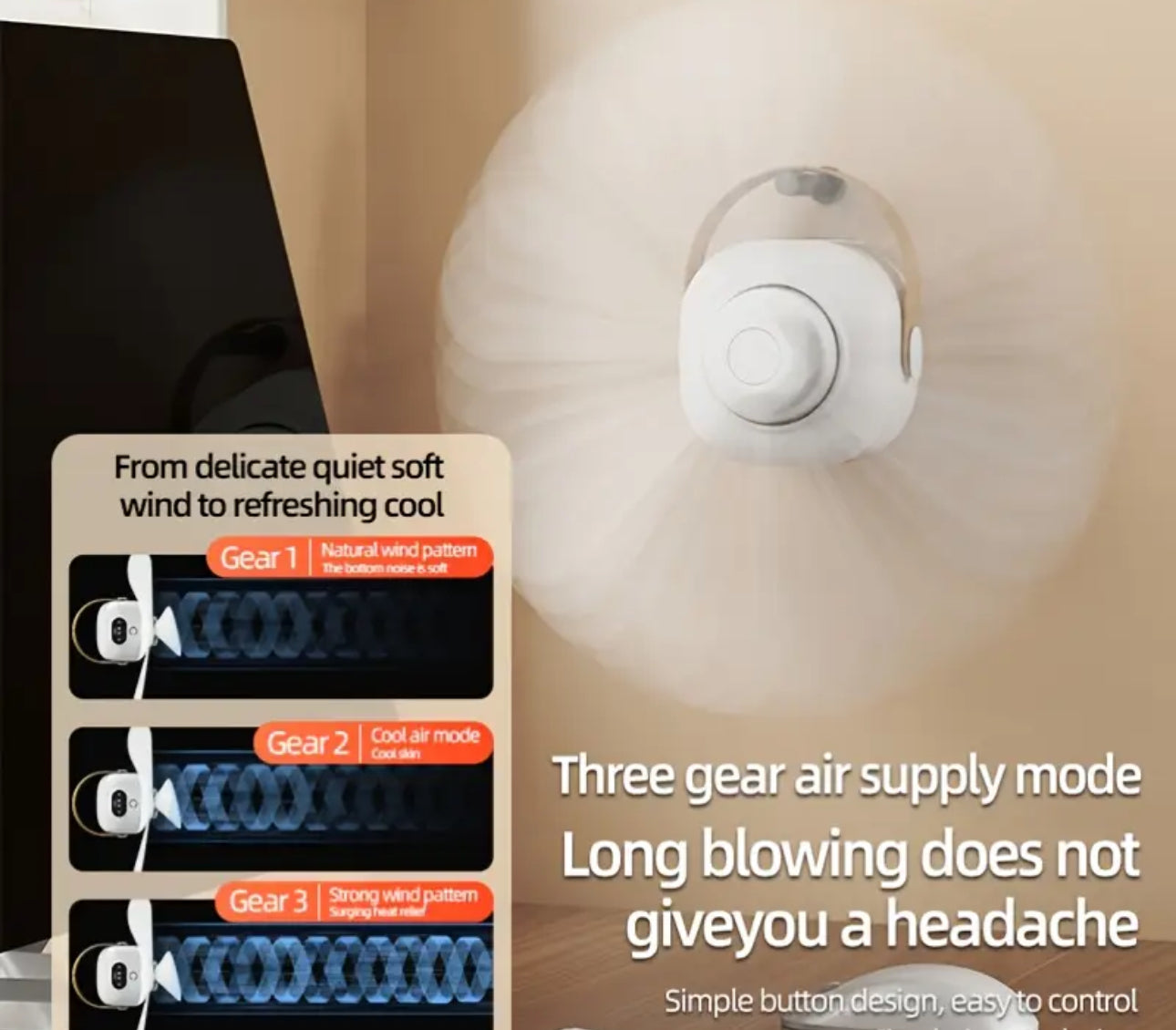 Ventilador colgante con control remoto recargable por USB - Mini ventilador portátil para exteriores con luz ambiental LED, batería de litio 18650, construcción de plástico para dormitorio, camping, artículos esenciales de viaje
