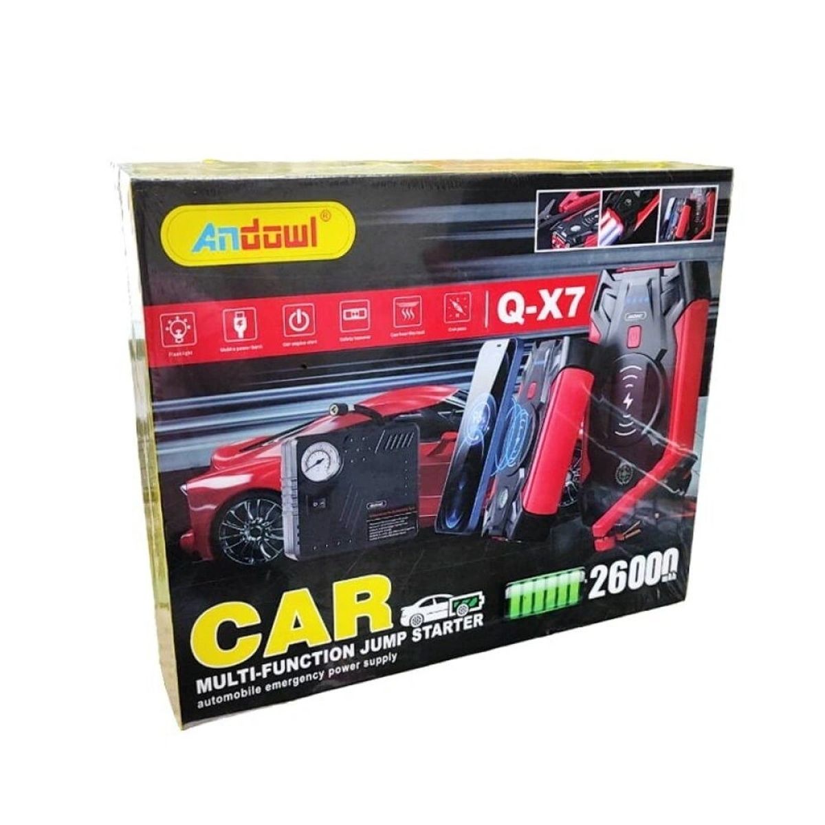 Batería de coche de 26000 mAh, arrancador de emergencia, banco de energía, compresor de aire, Andowl Q-X7