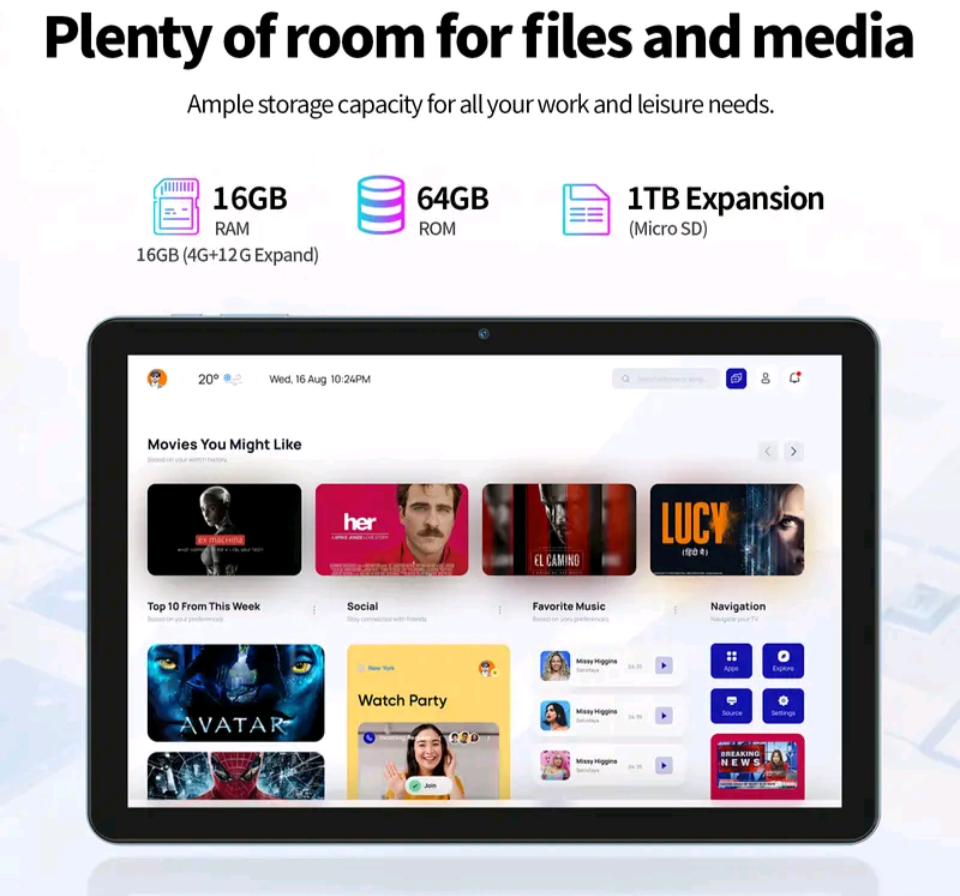 RITOM tableta de 10,1" con Android 16 – 16 GB de RAM y 64 GB de almacenaje, funda con teclado incluida, batería de 6000 mAh, doble configuración de cámaras, ideal para estudio y tareas diarias