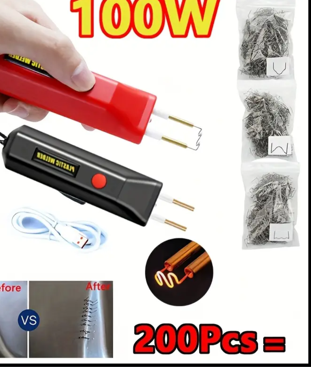 2 en 1 Kit de soldadura de plástico 100W MINI portátil para reparación de grietas de plástico caliente Herramienta de reparación de parachoques de automóvil 200 clavos de soldadura Negro/Rojo