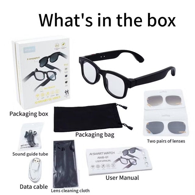 Lentes inteligentes AI con cámara, gafas de cámara de grabación de video 1080P para hombres y mujeres, traducción en tiempo real, asistente de voz AI, audio Bluetooth, transferencia WiFi para vlogging, deportes, viajes (negro)