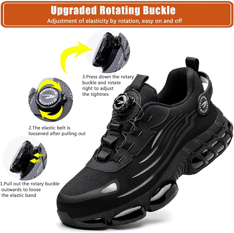 Zapatillas de seguridad para hombre y mujer, con puntera de acero, cómodas y ligeras, cordones de hebilla giratoria mejorados, zapatillas de trabajo antideslizantes con cojín de aire