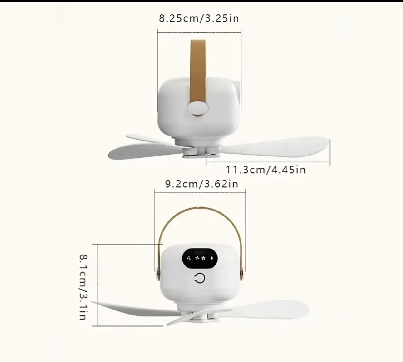 Ventilador colgante con control remoto recargable por USB - Mini ventilador portátil para exteriores con luz ambiental LED, batería de litio 18650, construcción de plástico para dormitorio, camping, artículos esenciales de viaje