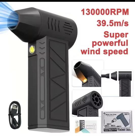 Plumero de aire comprimido 130000 Mini ventilador Turbo Jet inalámbrico RPM, ventilador Turbo Jet eléctrico de 3 engranajes, velocidad del ventilador recargable con luz sopladora
