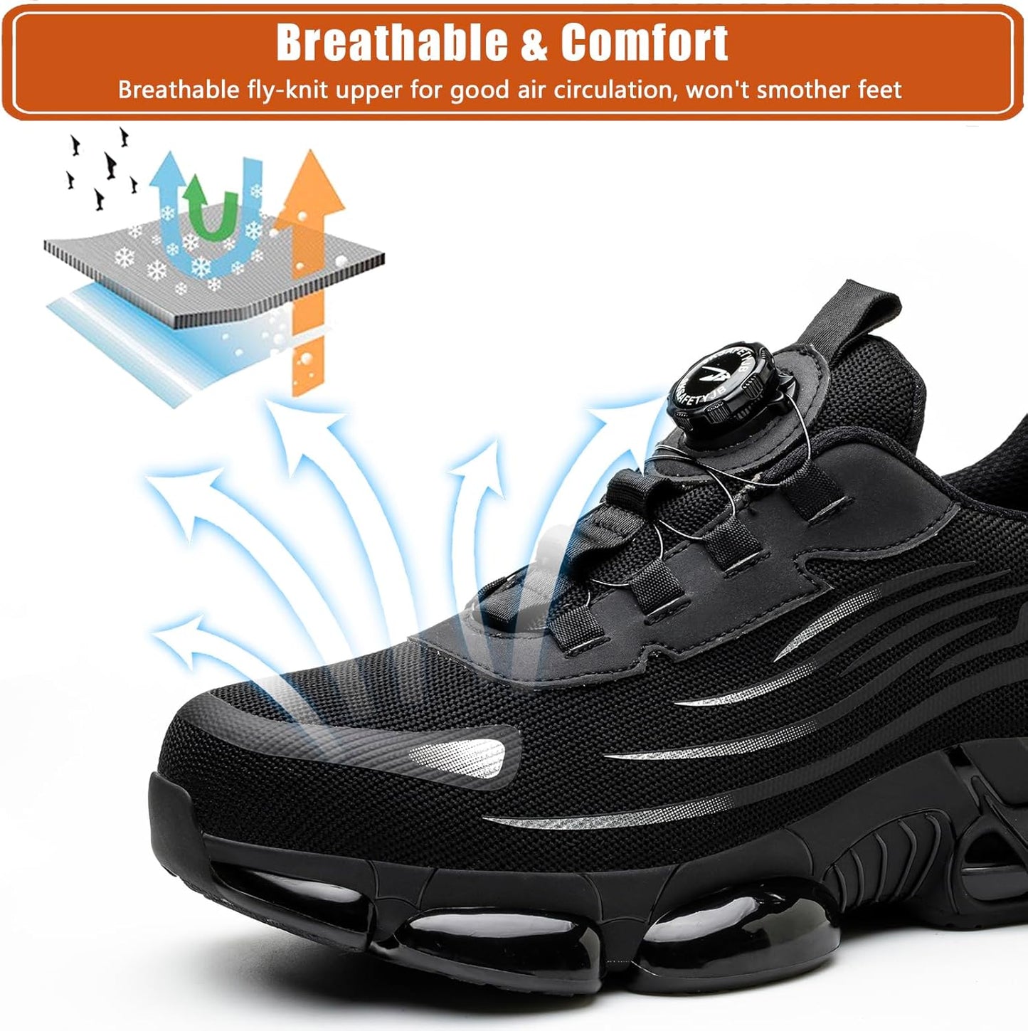 Zapatillas de seguridad para hombre y mujer, con puntera de acero, cómodas y ligeras, cordones de hebilla giratoria mejorados, zapatillas de trabajo antideslizantes con cojín de aire