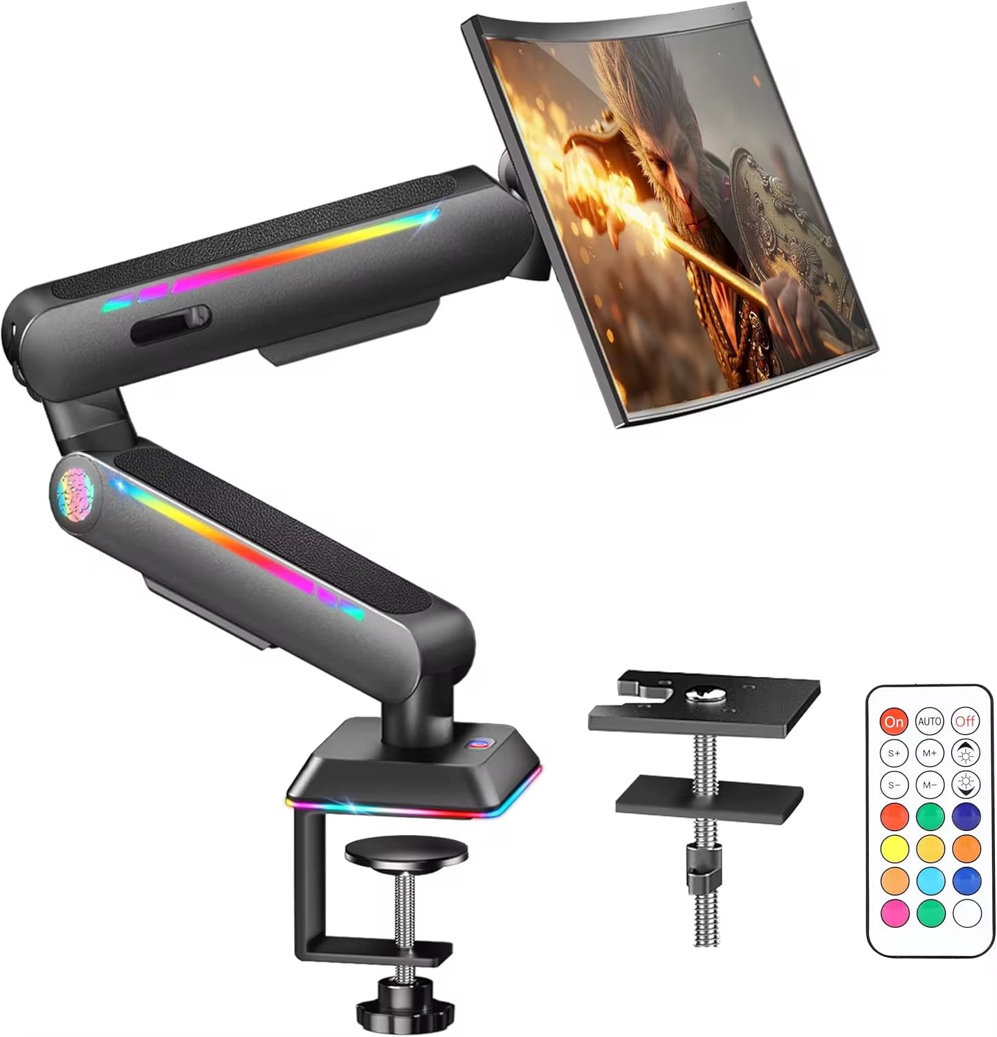 Soporte de escritorio de brazo de monitor único ajustable en altura resistente con luz RGB Soporte de montaje Vesa con abrazadera y base de ojal