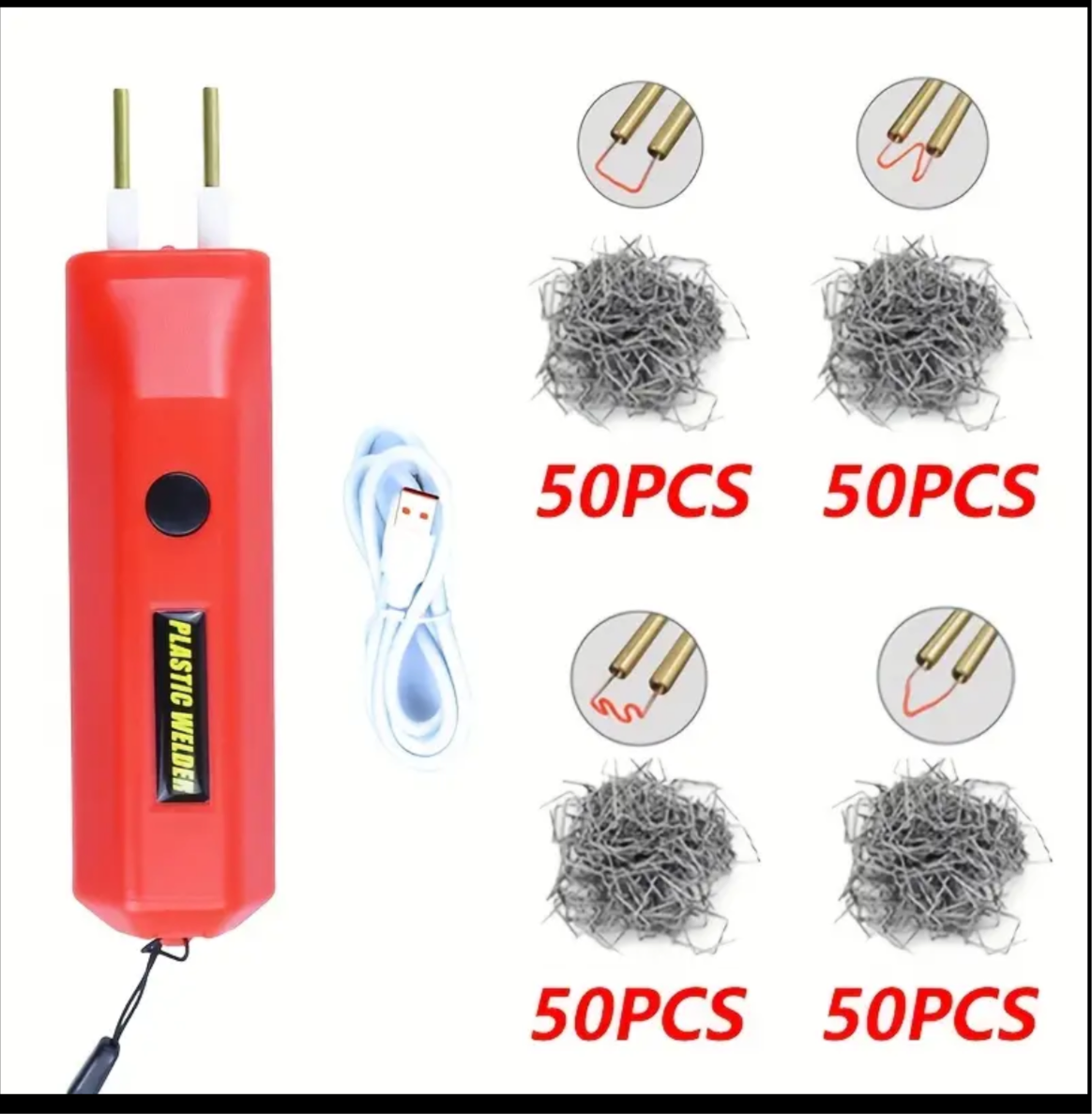 2 en 1 Kit de soldadura de plástico 100W MINI portátil para reparación de grietas de plástico caliente Herramienta de reparación de parachoques de automóvil 200 clavos de soldadura Negro/Rojo