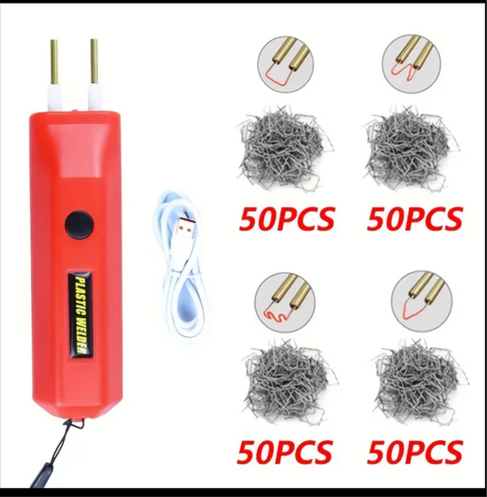2 en 1 Kit de soldadura de plástico 100W MINI portátil para reparación de grietas de plástico caliente Herramienta de reparación de parachoques de automóvil 200 clavos de soldadura Negro/Rojo
