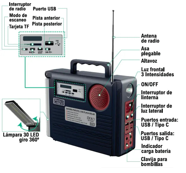 Batería Portátil Solar con Radio FM Y Bluetooth