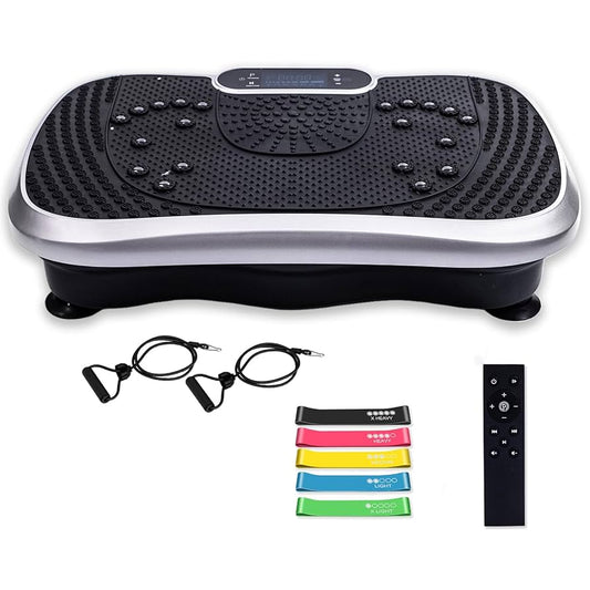 Plataforma Vibratoria - 99 Velocidades, Masajeador, Altavoz Bluetooth y Bandas Elásticas | Plataforma Vibración Muscular para Hacer Ejercicio en Casa con Mando a Distancia y 5 Programas