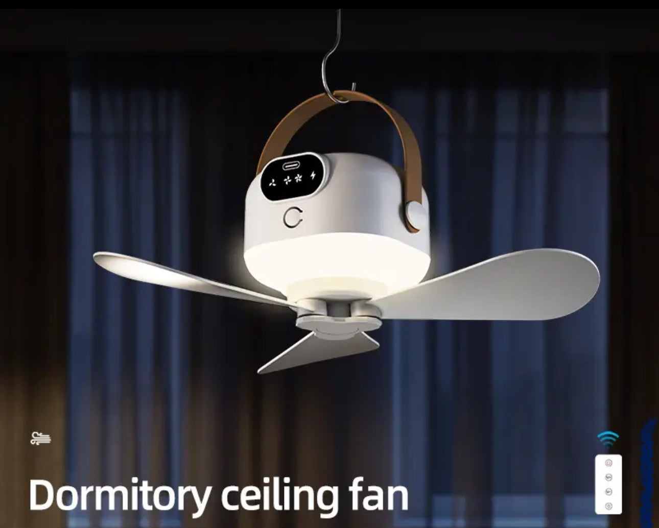 Ventilador colgante con control remoto recargable por USB - Mini ventilador portátil para exteriores con luz ambiental LED, batería de litio 18650, construcción de plástico para dormitorio, camping, artículos esenciales de viaje