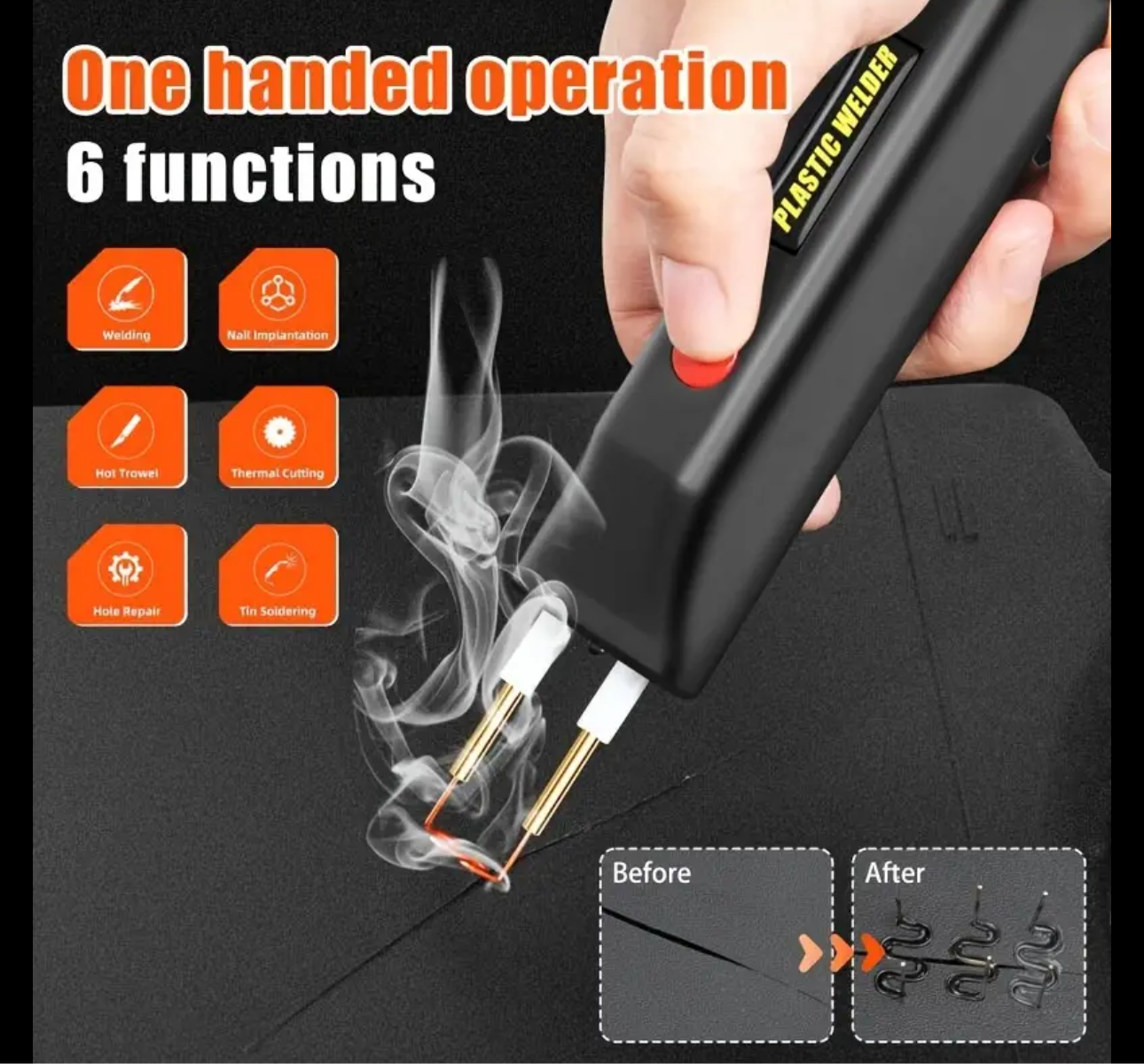 2 en 1 Kit de soldadura de plástico 100W MINI portátil para reparación de grietas de plástico caliente Herramienta de reparación de parachoques de automóvil 200 clavos de soldadura Negro/Rojo