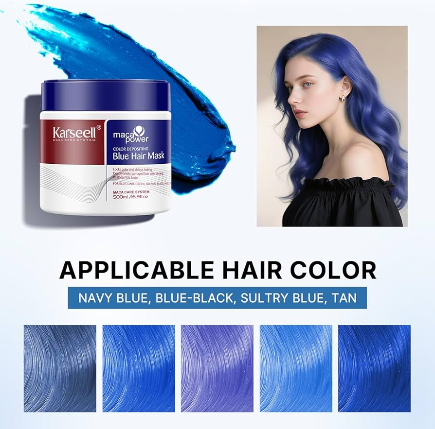 Karseell Mascarilla Pelo Azul 500ml, Azul Acondicionador Restaurar y Mejorar los Tonos Azules para el Cabello Tratado con Color