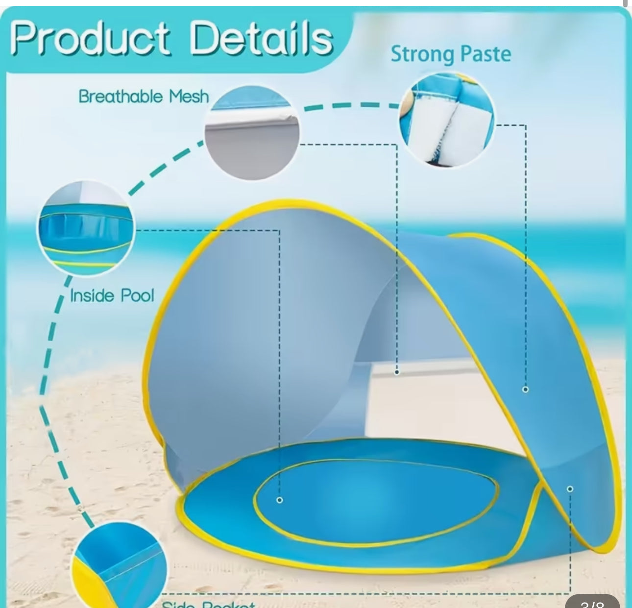 Gran Tienda de Playa Plegable  caseta niño  y Bañera para Perros con Estanque de Agua - Fácil Montaje, Poliéster Duradero y Portátil para Playa, Parque, Camping - Azul con Ribete Amarillo, Regalo Ideal para Dueños de Perros, Accesorio de Playa para Ma