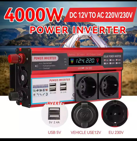 (Copia) Inversor de corriente de 4000W de 12V a CA de 220V con 4 almohadillas USB de la UE que cargan con pantalla LED