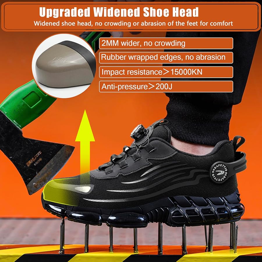 Zapatillas de seguridad para hombre y mujer, con puntera de acero, cómodas y ligeras, cordones de hebilla giratoria mejorados, zapatillas de trabajo antideslizantes con cojín de aire