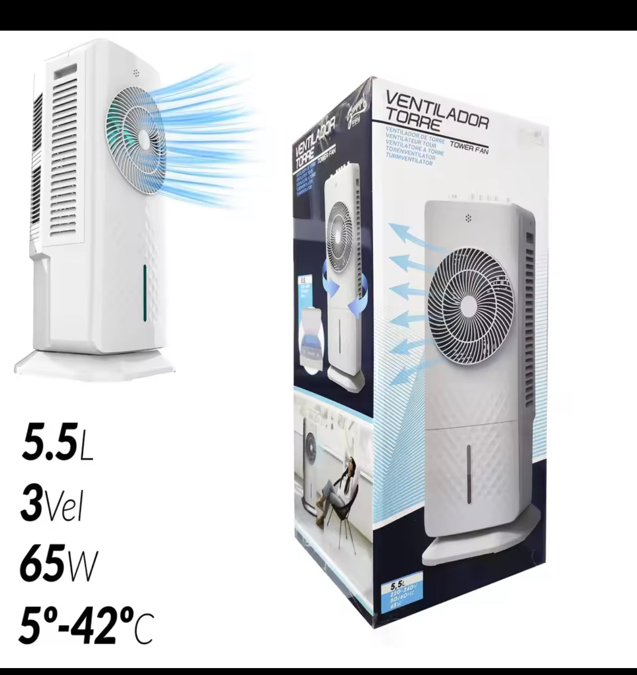 Enfriador de Aire 5.5 Litros 3 en 1 Ventilador Refrigerador y Humidificador 65W con Tanque de Agua Oscilante Aire Acondicionado 60x26x26cm Base Giratoria Desmontable 3 Niveles de Velocidad Oscilación
