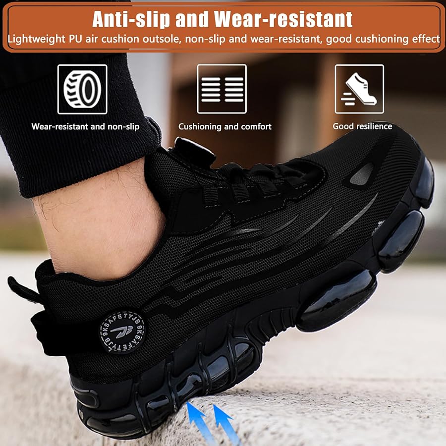 Zapatillas de seguridad para hombre y mujer, con puntera de acero, cómodas y ligeras, cordones de hebilla giratoria mejorados, zapatillas de trabajo antideslizantes con cojín de aire