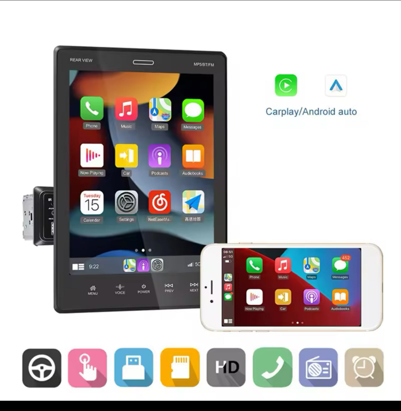 Radio de coche de un solo Din Carplay Android Auto pantalla táctil de 10,1pulgadas estéreo de coche con enlace de espejo Bluetooth FM USB