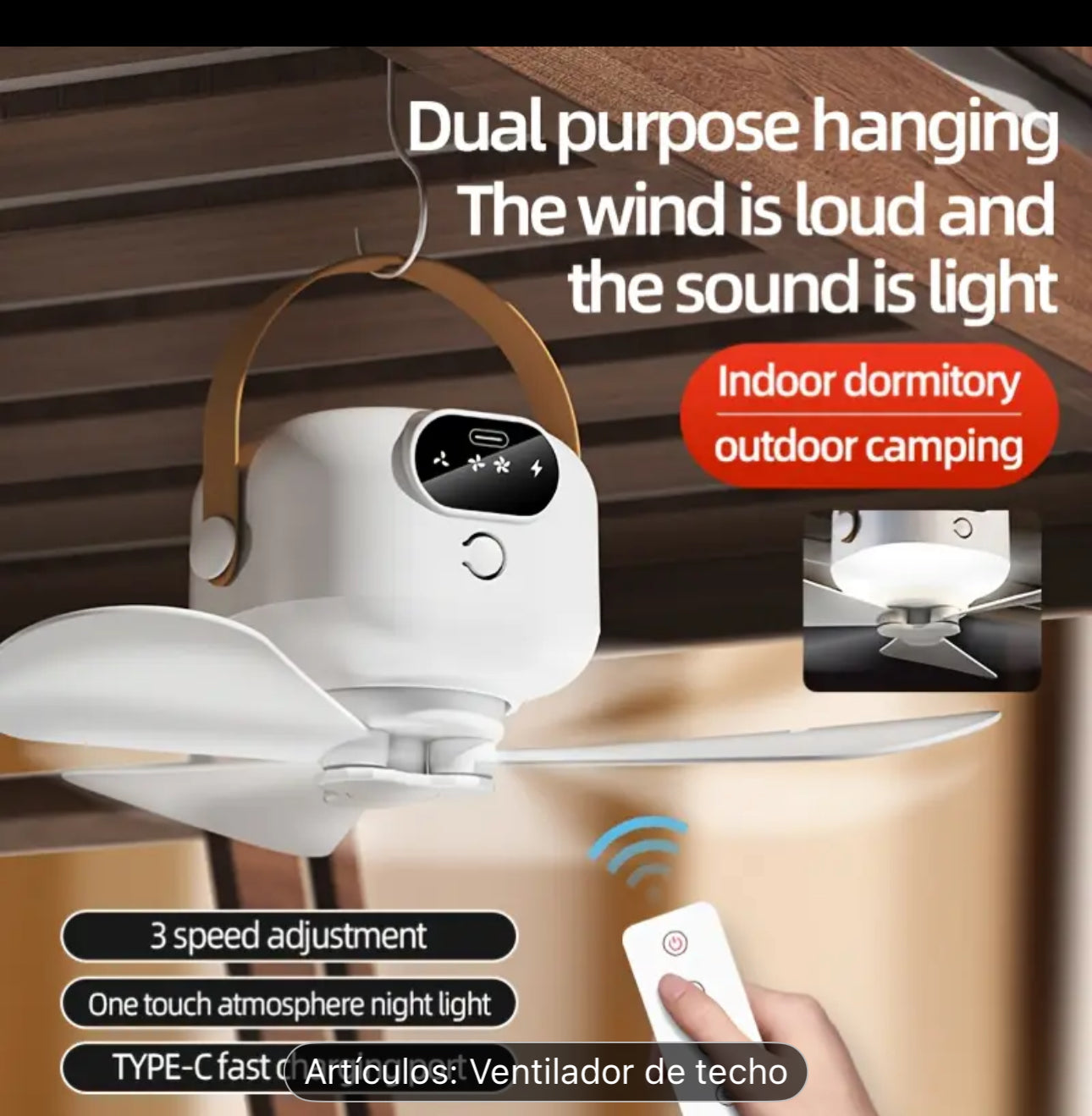 Ventilador colgante con control remoto recargable por USB - Mini ventilador portátil para exteriores con luz ambiental LED, batería de litio 18650, construcción de plástico para dormitorio, camping, artículos esenciales de viaje