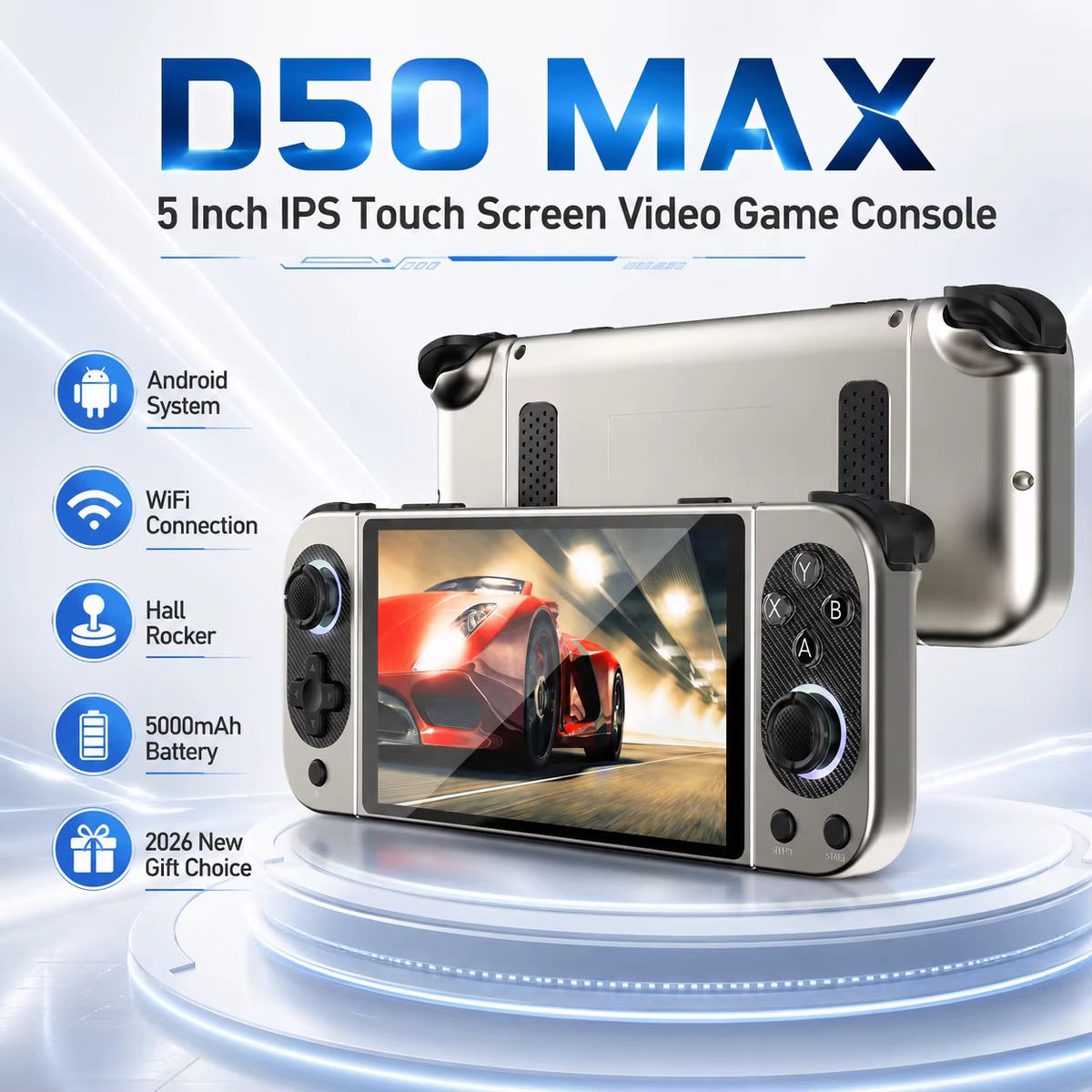 Consola de Videojuegos
D50 MAX con Pantalla Táctil IPS de 5 Pulgadas, Android, WiFi, Hall Rocker, Batería de 5000 mAh, Regalo 2026 Nuevo