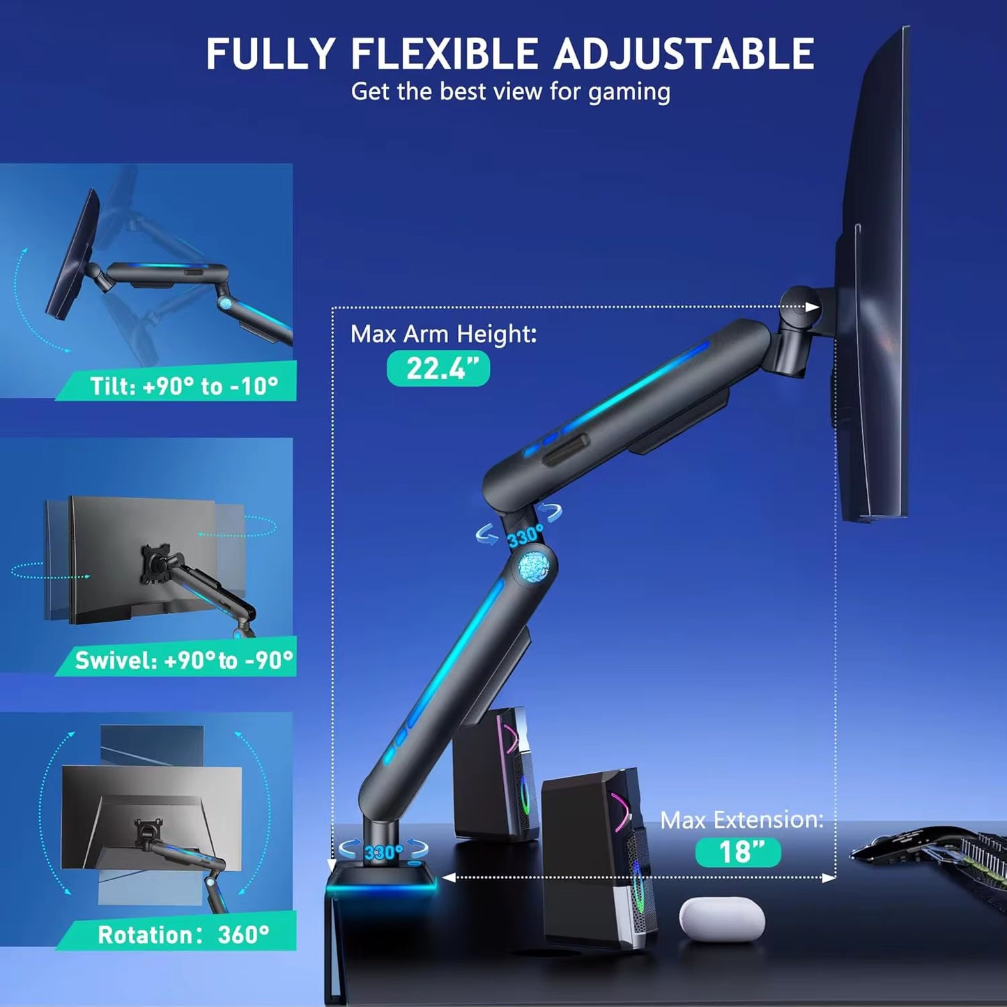 Soporte de escritorio de brazo de monitor único ajustable en altura resistente con luz RGB Soporte de montaje Vesa con abrazadera y base de ojal