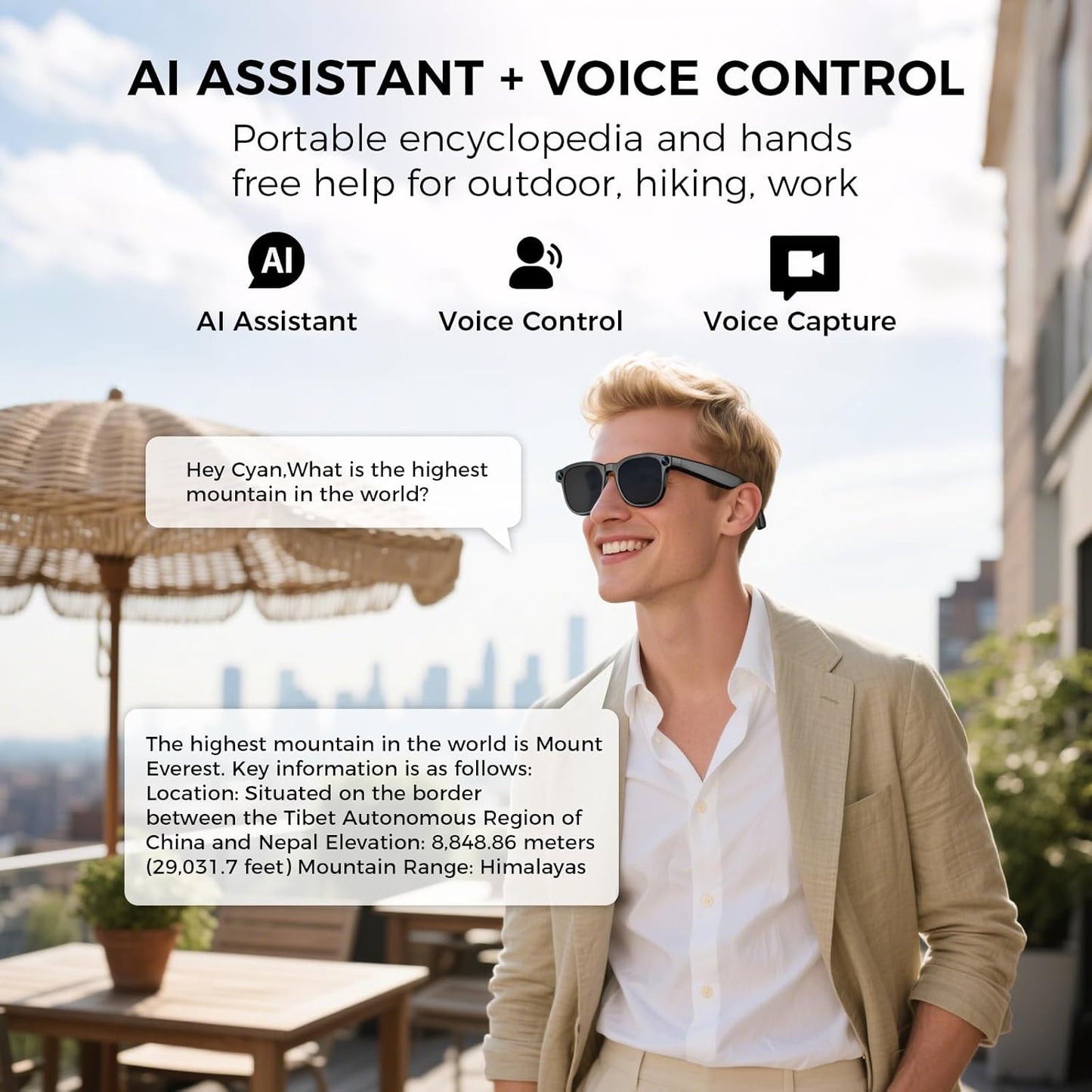 Lentes inteligentes AI con cámara, gafas de cámara de grabación de video 1080P para hombres y mujeres, traducción en tiempo real, asistente de voz AI, audio Bluetooth, transferencia WiFi para vlogging, deportes, viajes (negro)