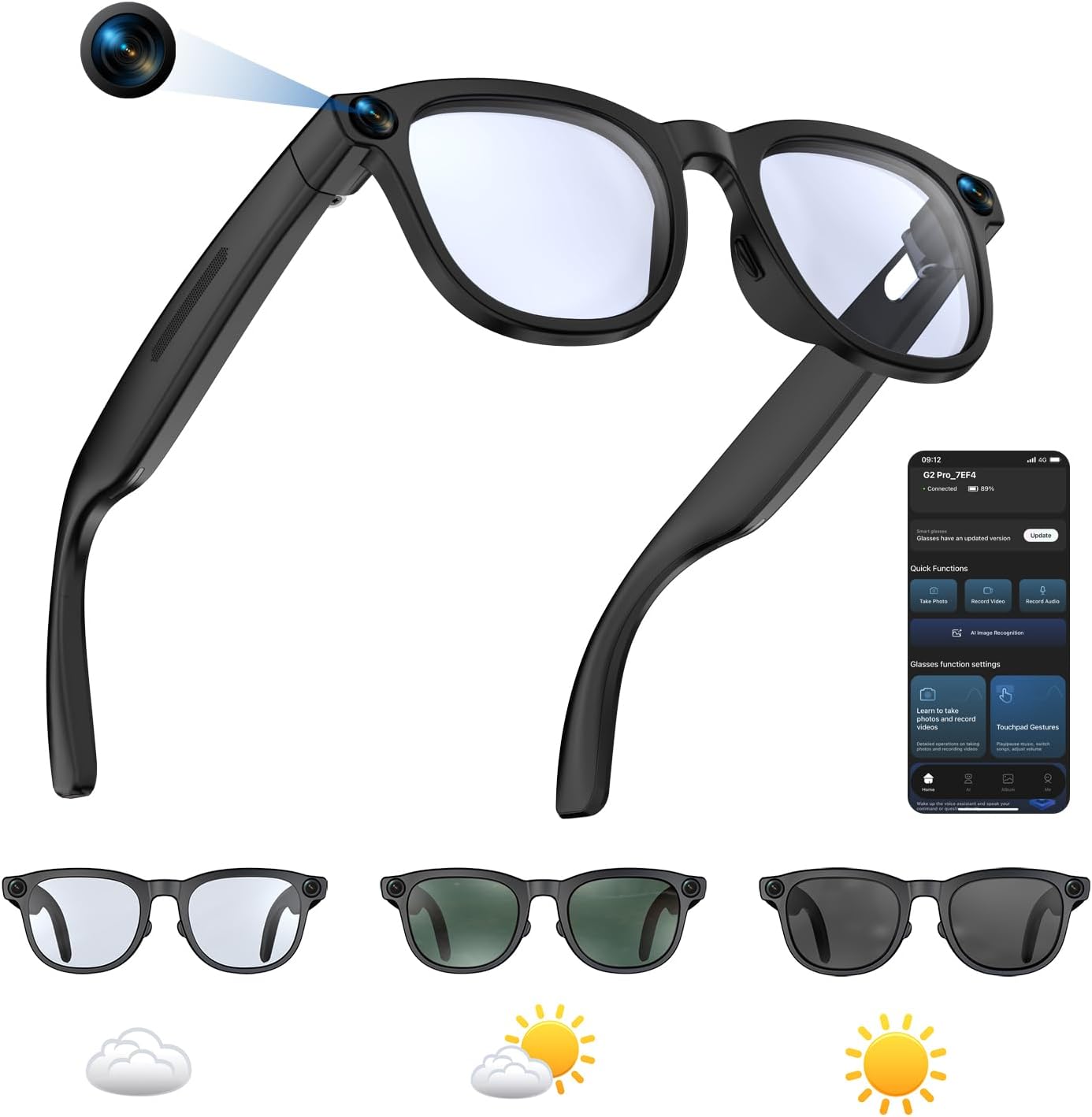 Lentes inteligentes AI con cámara, gafas de cámara de grabación de video 1080P para hombres y mujeres, traducción en tiempo real, asistente de voz AI, audio Bluetooth, transferencia WiFi para vlogging, deportes, viajes (negro)