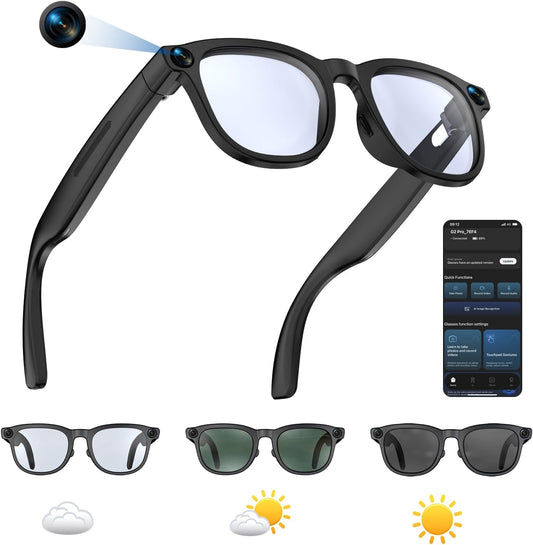 Lentes inteligentes AI con cámara, gafas de cámara de grabación de video 1080P para hombres y mujeres, traducción en tiempo real, asistente de voz AI, audio Bluetooth, transferencia WiFi para vlogging, deportes, viajes (negro)