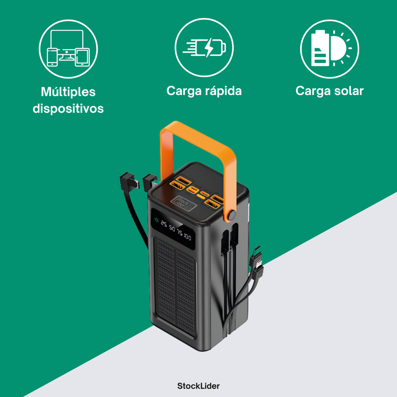 Batería Power Banc solar 50.000 h
¡Olvídate de quedarte sin batería! El nuevo Powerbank con carga solar de 50.000 mAh de Stock Líder es la solución definitiva para quienes necesitan una fuente de energía potente, fiable y siempre disponible. Con una enorm