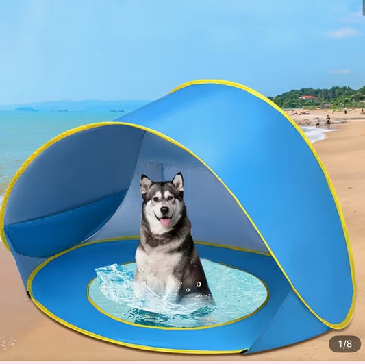 Gran Tienda de Playa Plegable  caseta niño  y Bañera para Perros con Estanque de Agua - Fácil Montaje, Poliéster Duradero y Portátil para Playa, Parque, Camping - Azul con Ribete Amarillo, Regalo Ideal para Dueños de Perros, Accesorio de Playa para Ma