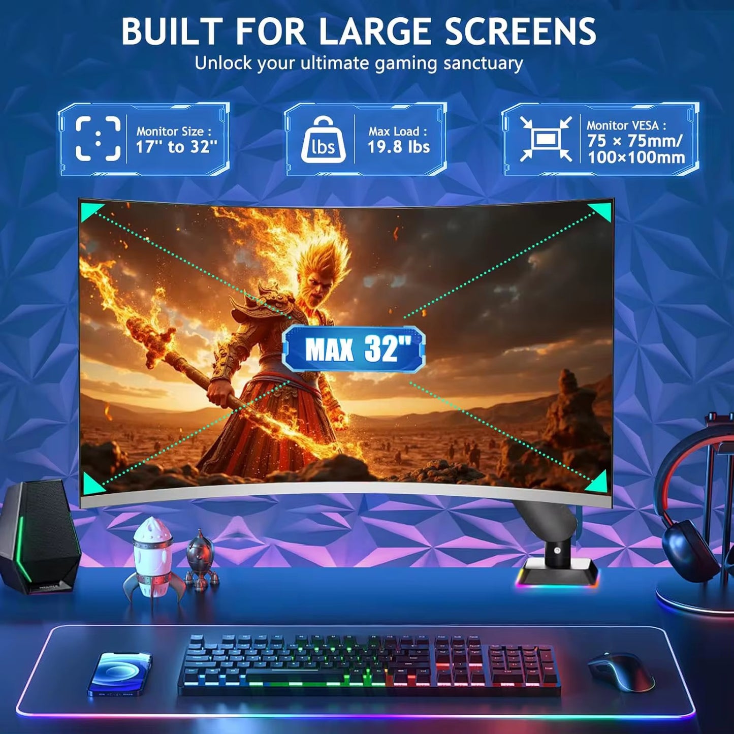 Soporte de escritorio de brazo de monitor único ajustable en altura resistente con luz RGB Soporte de montaje Vesa con abrazadera y base de ojal