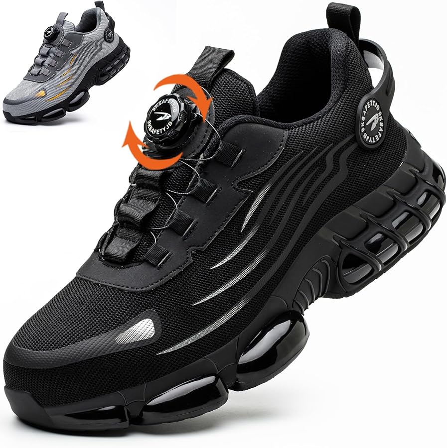 Zapatillas de seguridad para hombre y mujer, con puntera de acero, cómodas y ligeras, cordones de hebilla giratoria mejorados, zapatillas de trabajo antideslizantes con cojín de aire