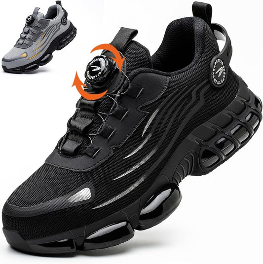 Zapatillas de seguridad para hombre y mujer, con puntera de acero, cómodas y ligeras, cordones de hebilla giratoria mejorados, zapatillas de trabajo antideslizantes con cojín de aire