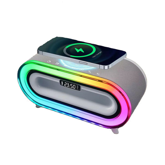 Altavoz de música con carga inalámbrica reloj a lámpara