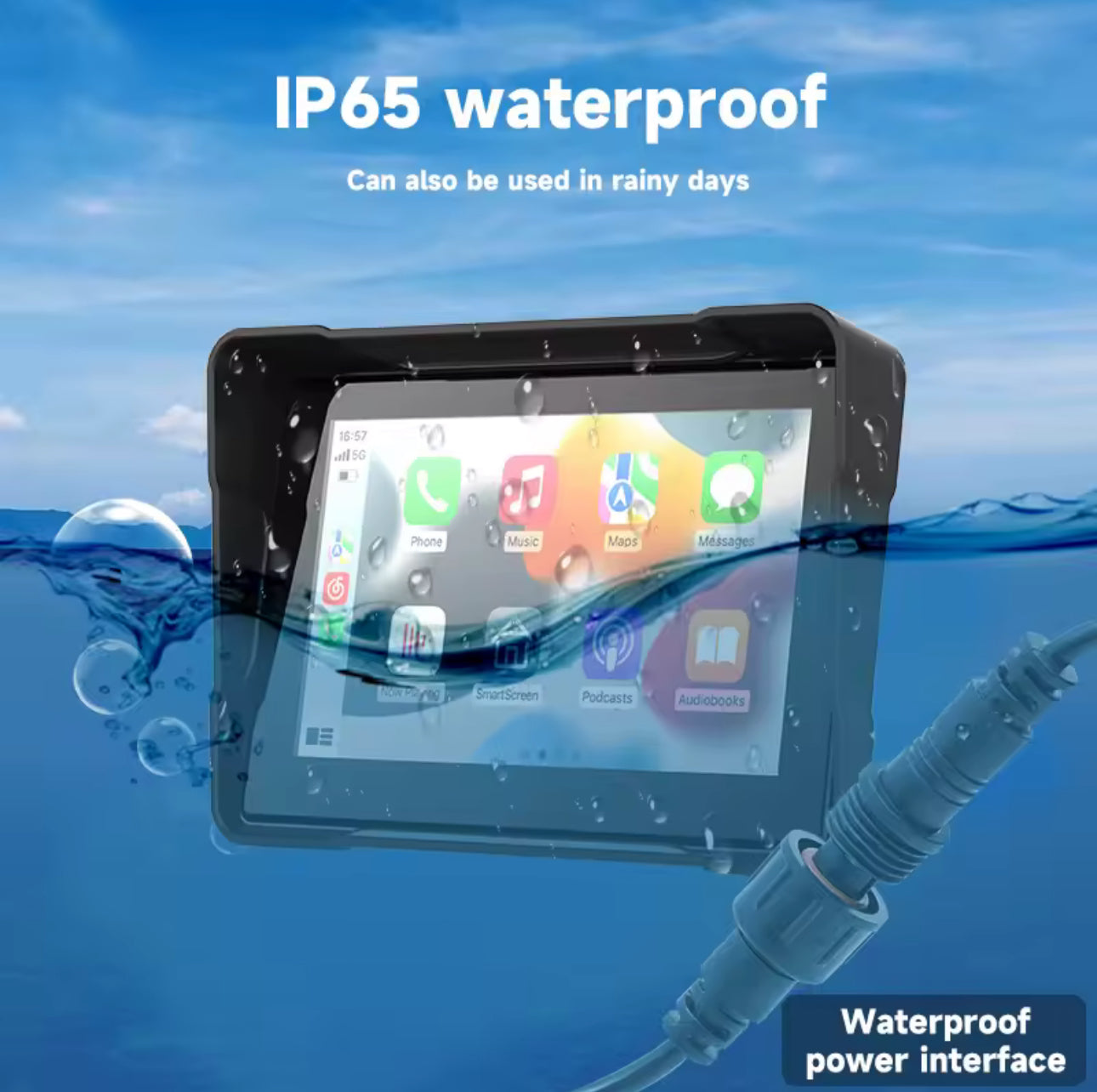 5 inch Pantalla de navegación para motocicleta, IPX 6，1024*600, Monitor automático inalámbrico, Android， Apple Carplay