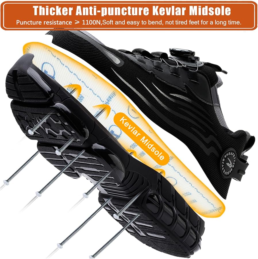 Zapatillas de seguridad para hombre y mujer, con puntera de acero, cómodas y ligeras, cordones de hebilla giratoria mejorados, zapatillas de trabajo antideslizantes con cojín de aire