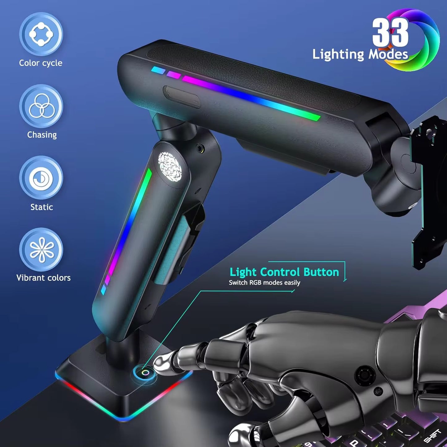 Soporte de escritorio de brazo de monitor único ajustable en altura resistente con luz RGB Soporte de montaje Vesa con abrazadera y base de ojal