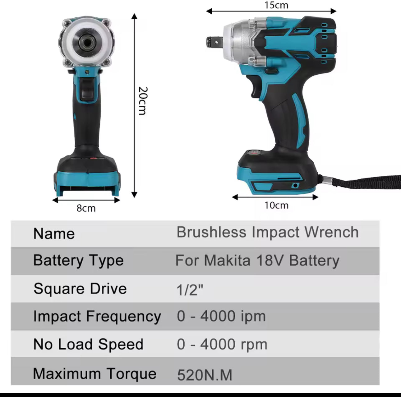 Llave de impacto eléctrica inalámbrica de 520 Nm, recargable taladro manual, herramienta eléctrica para batería contenedor batería, dos vasos y cargador