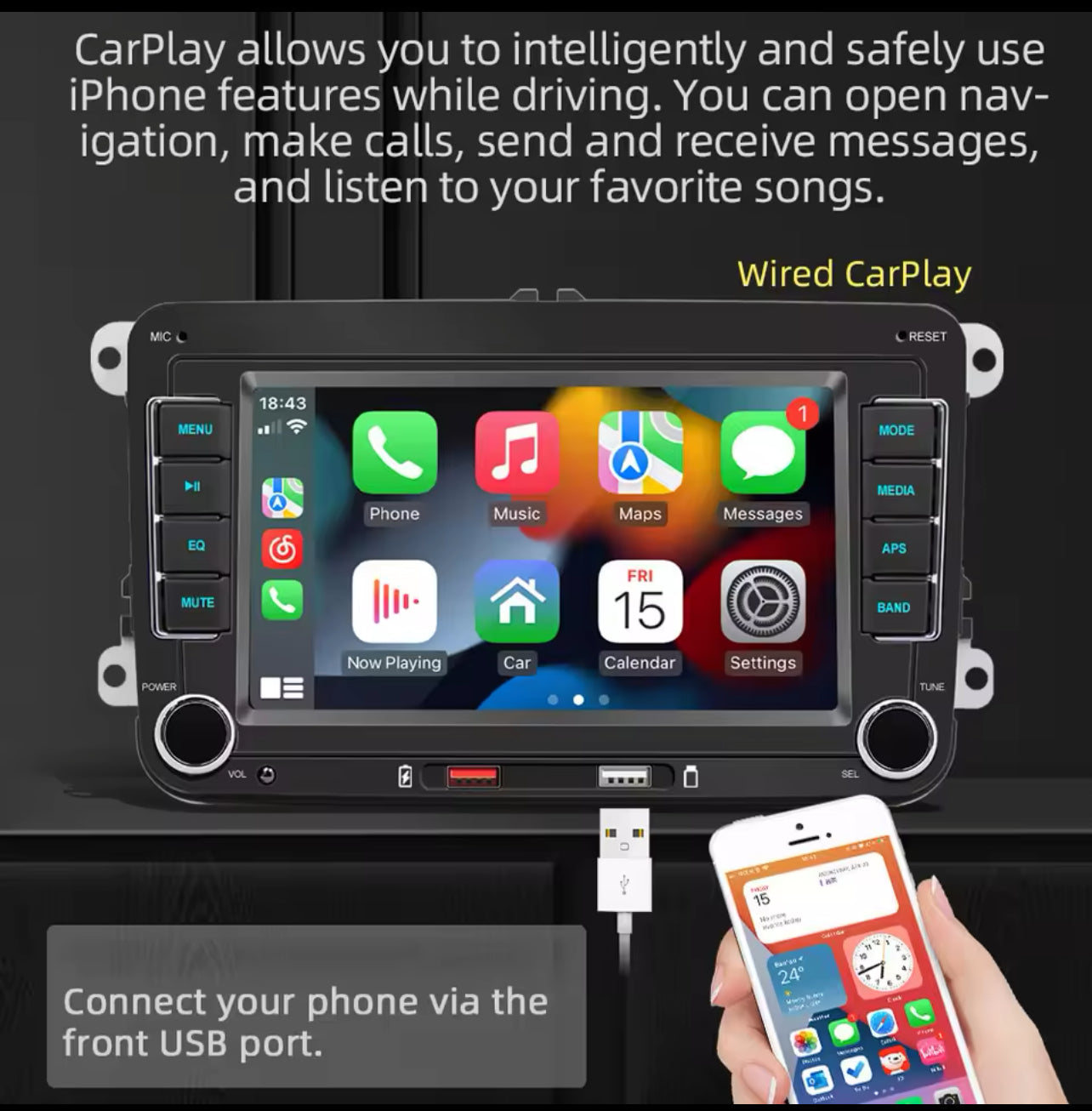 Reproductor MP5 estéreo para coche, 7 pulgadas, Touchcreen, BT, AM/FM, receptor de Radio con Android, Carplay, carga USB, soporte para llamadas manos libres