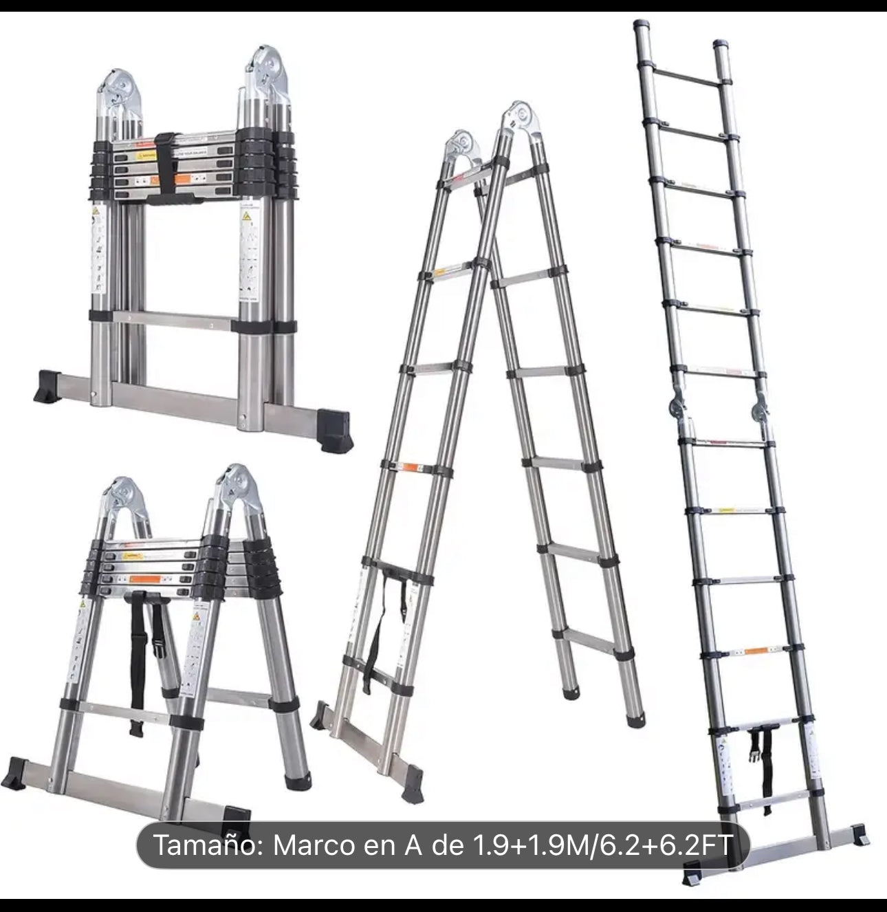 Escalera Plegable Multiusos de 3.81 metros - Acero Inoxidable, Antideslizante, Ligera con Barra de Soporte para Uso Interior/Exterior, Capacidad de 149.69KG