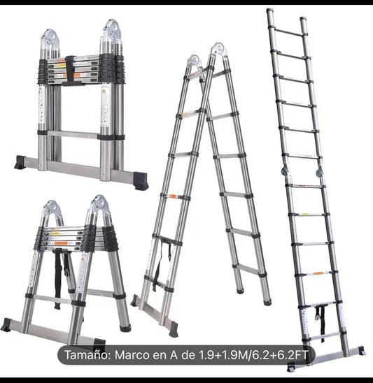 Escalera Plegable Multiusos de 3.81 metros - Acero Inoxidable, Antideslizante, Ligera con Barra de Soporte para Uso Interior/Exterior, Capacidad de 149.69KG