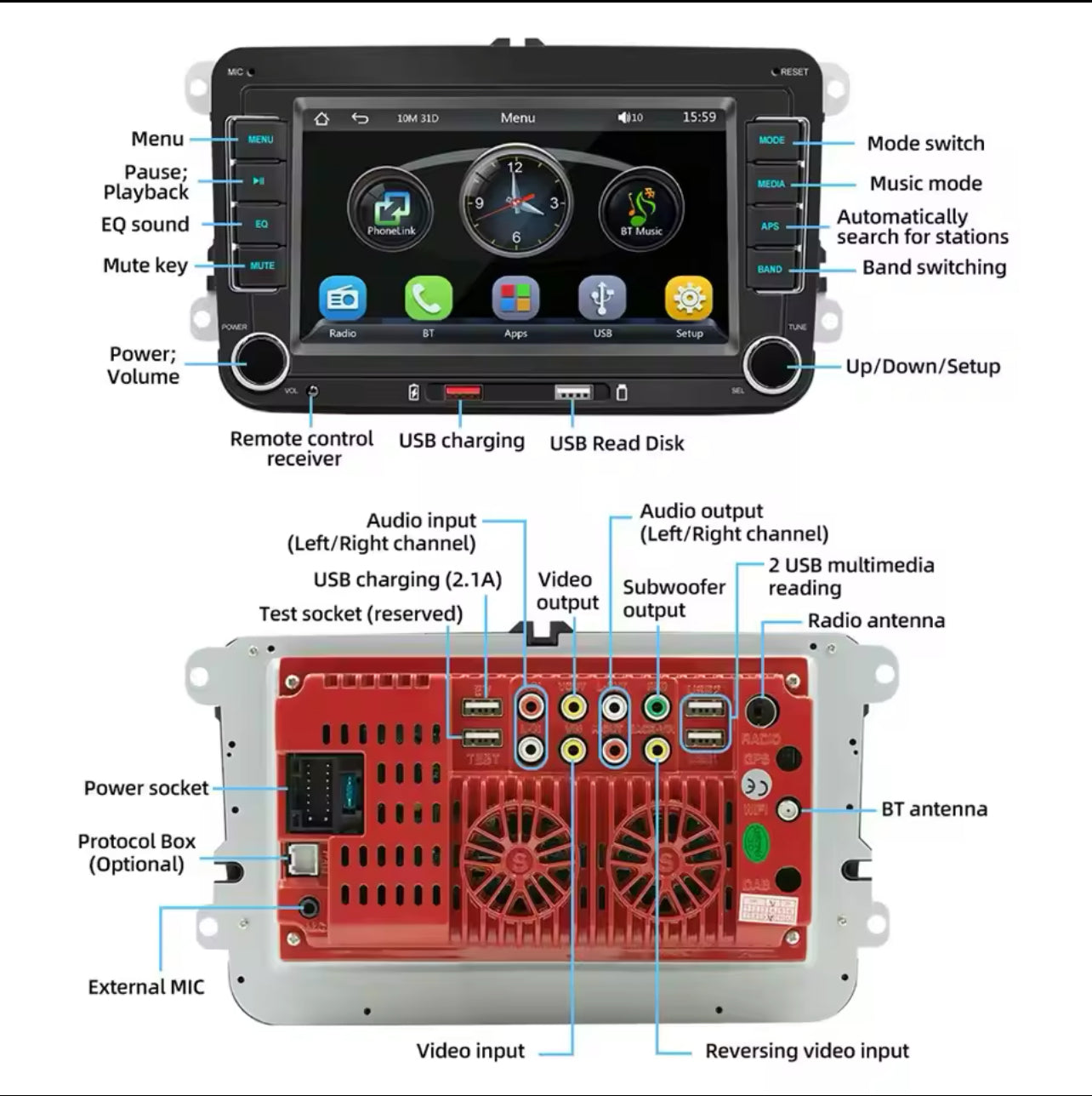 Reproductor MP5 estéreo para coche, 7 pulgadas, Touchcreen, BT, AM/FM, receptor de Radio con Android, Carplay, carga USB, soporte para llamadas manos libres