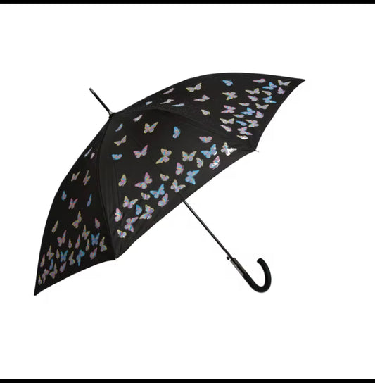 Paraguas largo cambia de color con la lluvia/agua dibujo de mariposas, antiviento, automático de 60 cm