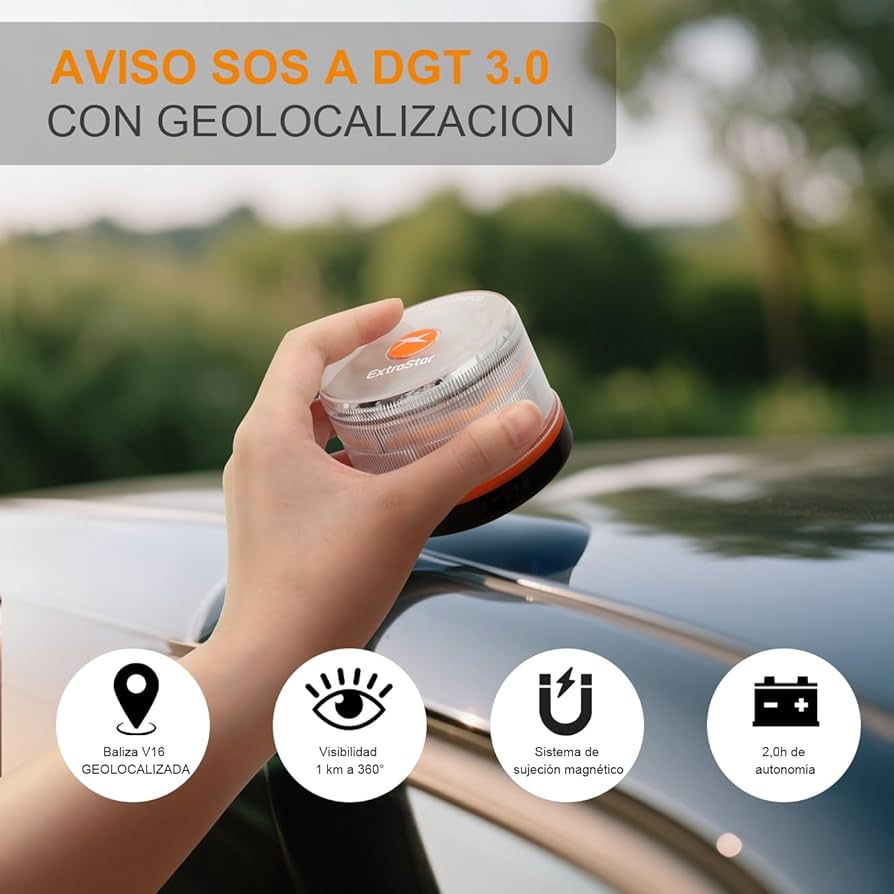 EXTRASTAR Luz de Emergencia V16 Homologada DGT con Geolocalización 3.0 - Aviso Ubicación Coches, Plan de Datos Incluido - Base Imantada IP54 - Cumple Normativa 2026